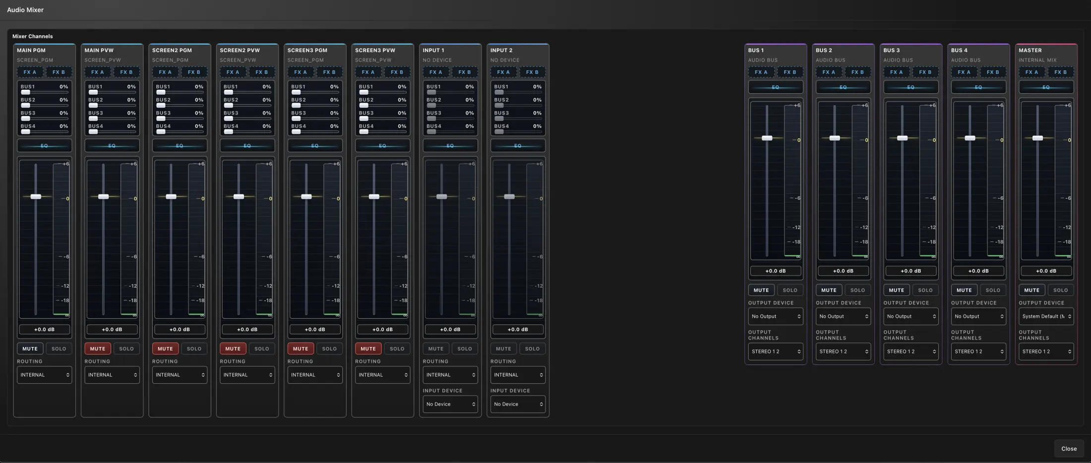 ShowMotion audio mixer with channels, buses, and master output