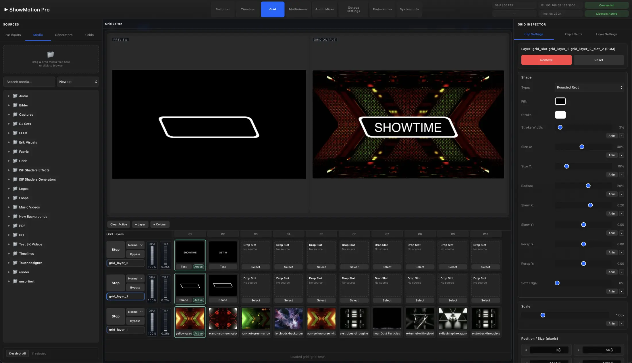 ShowMotion grid editor with layers, columns, preview, and output