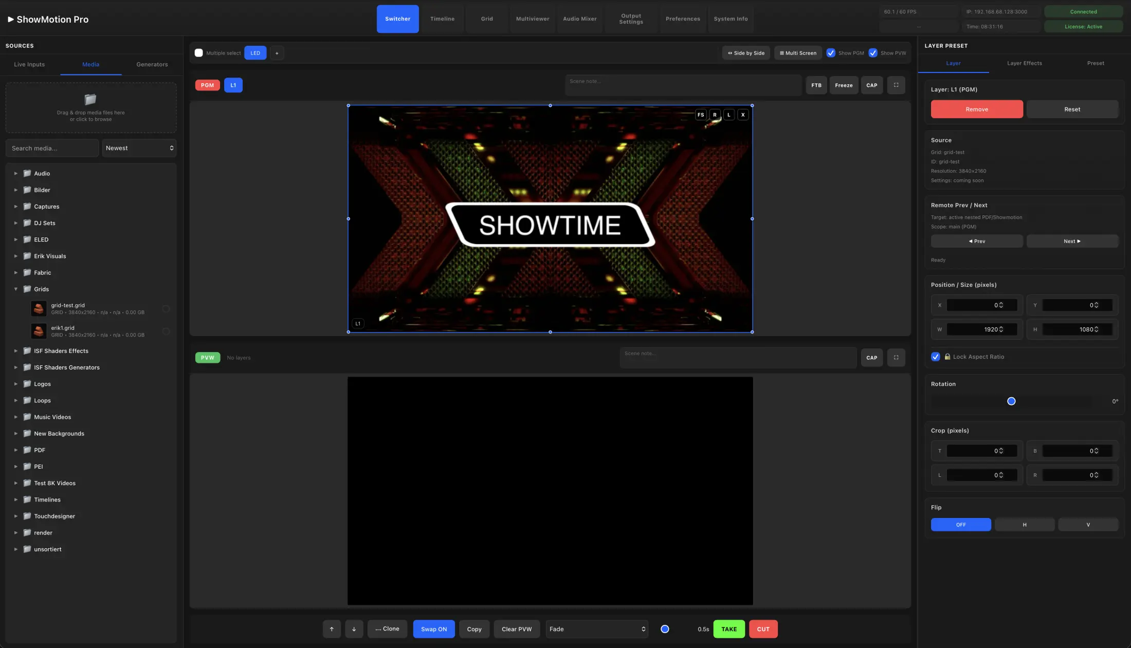 ShowMotion grid content routed into the switcher canvas
