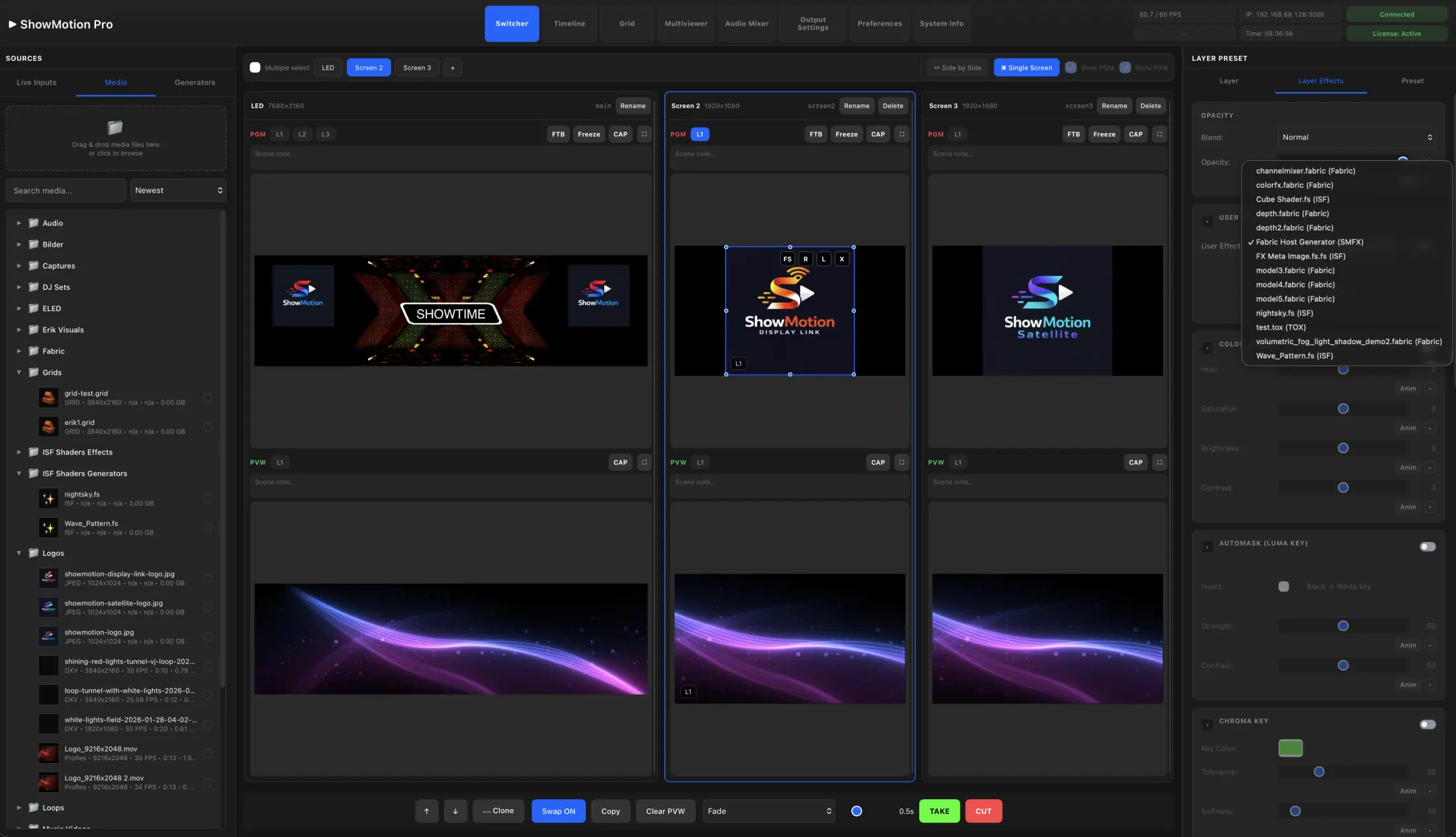 ShowMotion multiscreen switcher with plugin effects