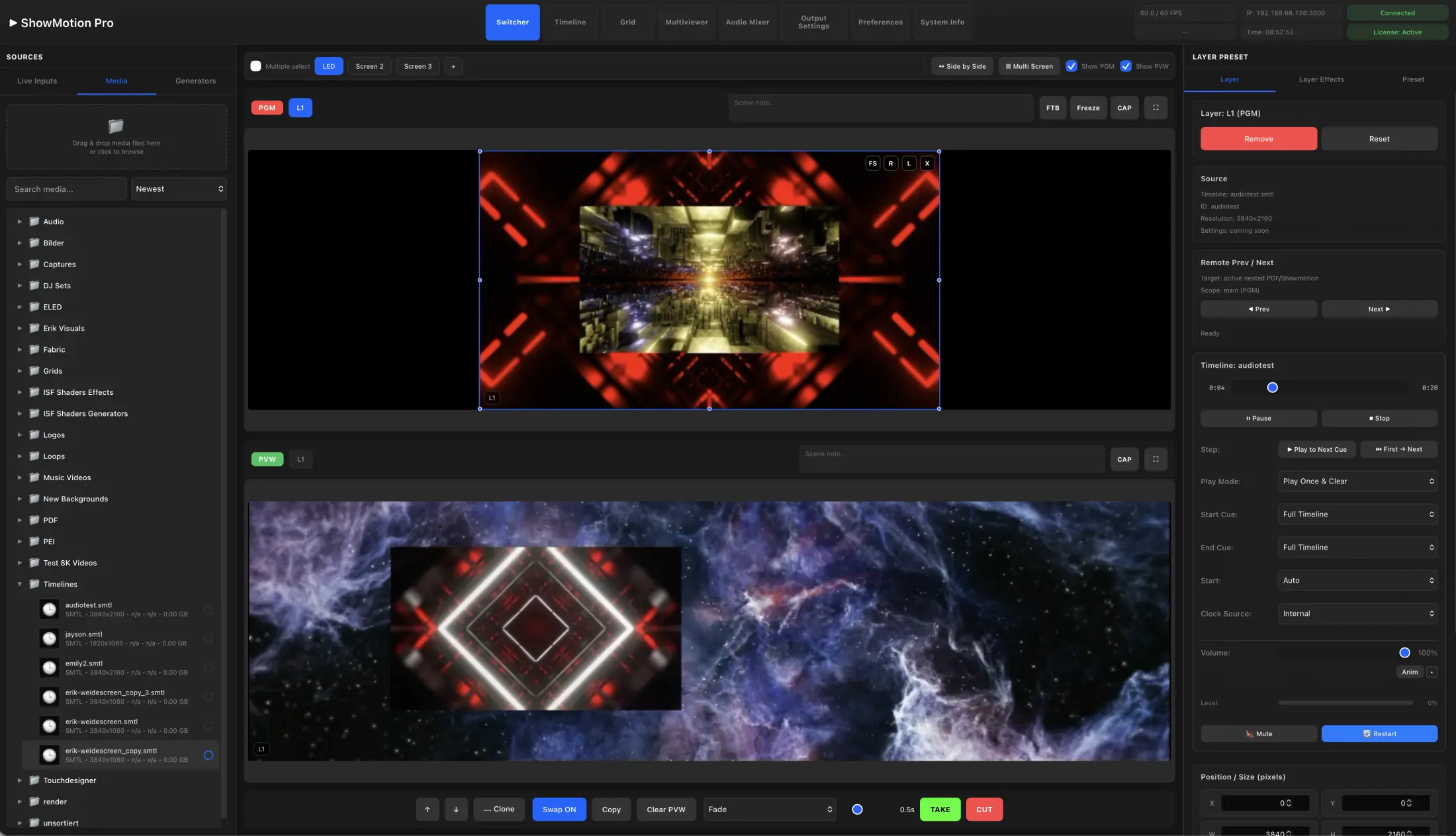 ShowMotion timeline playing as a live source in the switcher