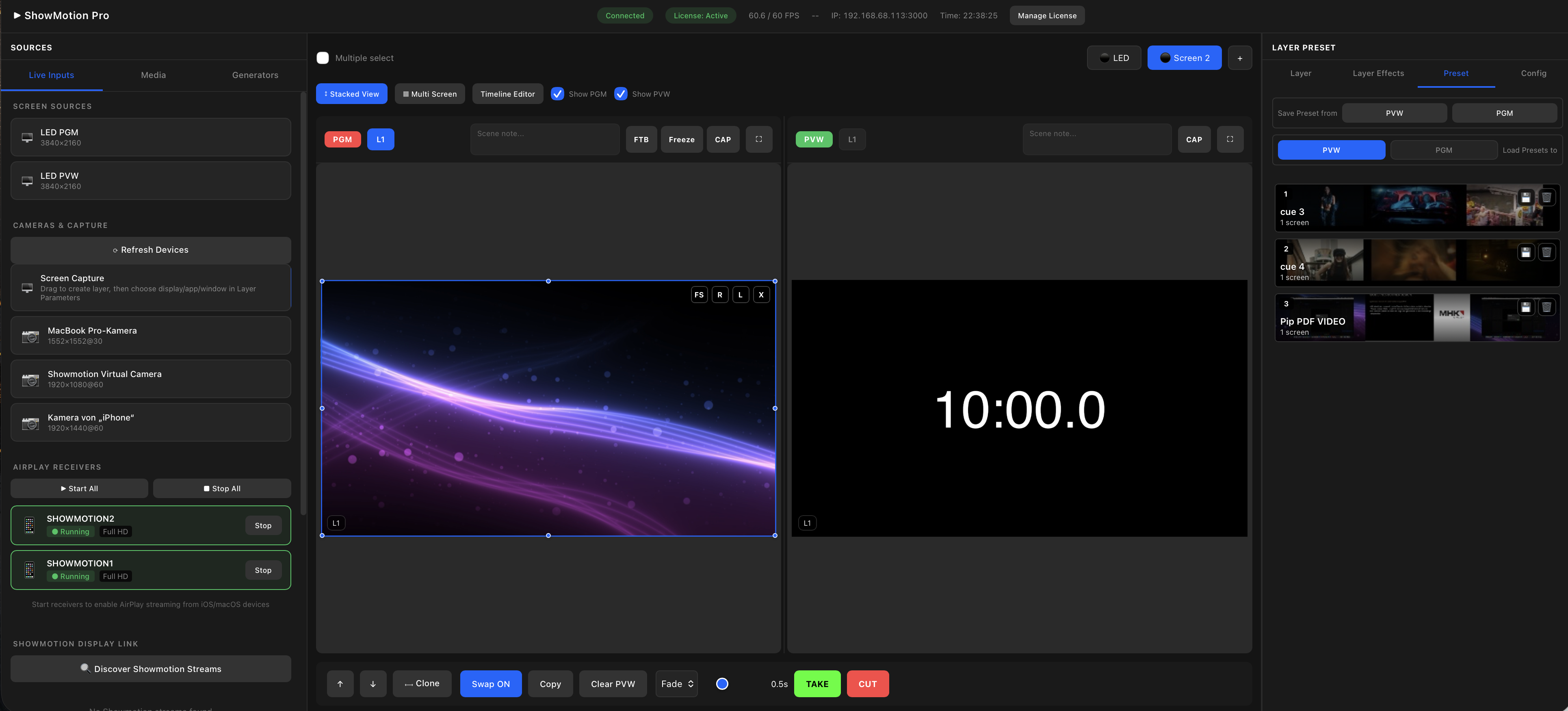 ShowMotion live source ingest view with cameras, AirPlay, and capture devices